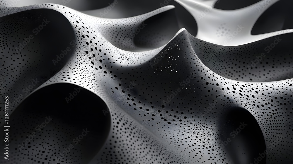 Aufkleber Close-up of a 3D rendered abstract surface with a perforated pattern. Monochromatic grayscale image exhibiting interesting textures. Abstract Black and White Perforated Surface
