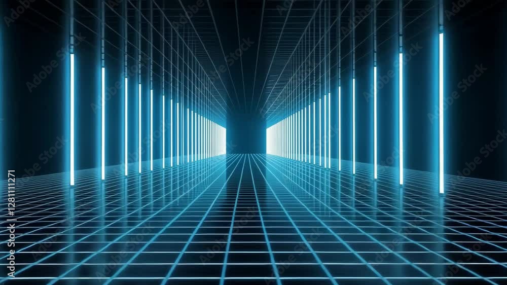 Poster futuristic blue neon corridor with grid lines extending into the distance