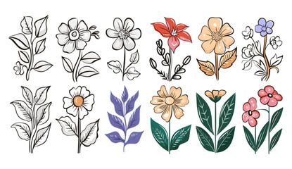 Abstract botanical doodle art, flower and leaves vector set, print design, wallpaper, clipart, modern home decoration, wall art, floral pattern, nature-inspired design, decorative background.