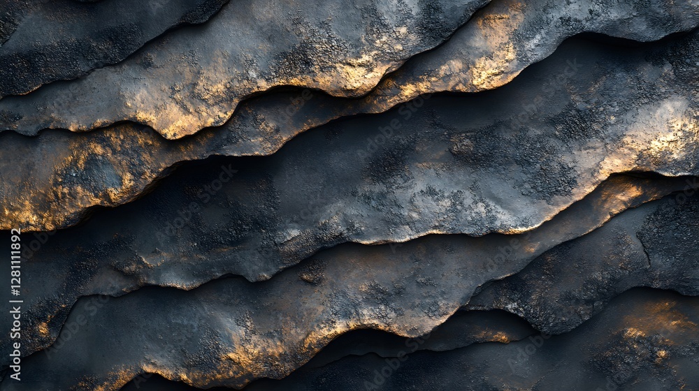 Poster abstract image showcasing layered dark and golden rocks. a textured masterpiece of nature's artistry
