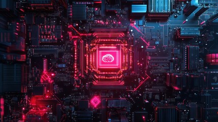 AI brain in central processing unit, futuristic technology concept.