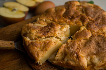 Delicious cinnamon cake with fresh apple pieces. Traditional German recipe.