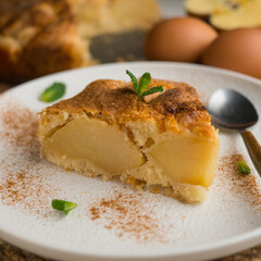Delicious cinnamon cake with fresh apple pieces. Traditional German recipe.