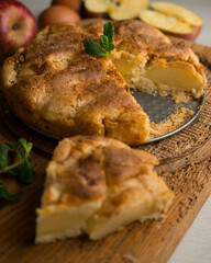Delicious cinnamon cake with fresh apple pieces. Traditional German recipe.