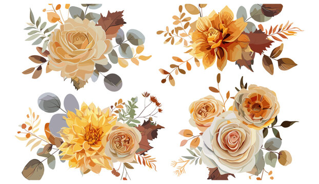Autumn bouquet set, watercolor yellow, orange roses, cream dahlias, eucalyptus leaves, branches, wedding invite, Halloween, Thanksgiving decor, fall foliage, elegant floral arrangement