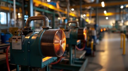 Fototapeta premium A close-up image captures numerous industrial fans with bright lighting in a high-tech setting, illustrating the fusion of technology and engineering in contemporary industry