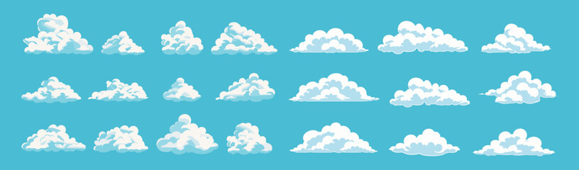White clouds vector, abstract cloudy set, isolated on blue background, cloudscape, weather, sky illustration, fluffy clouds, nature, abstract sky, soft clouds, clear sky