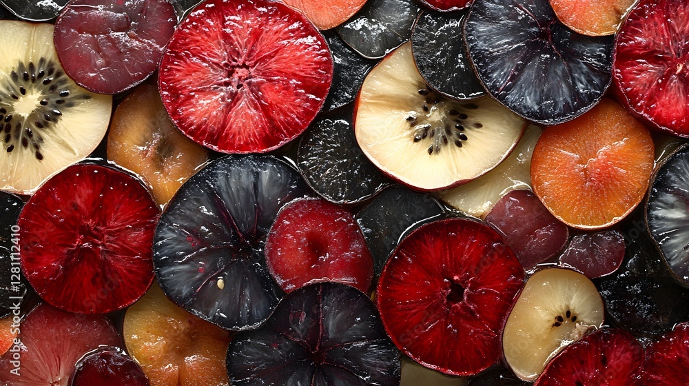 Poster close-up shot of various colorful fruit slices, including kiwi and plums, arranged in an artistic pa