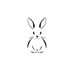 Minimalist black and white illustration of a rabbit with a simple, graphic style, on a clean white background.