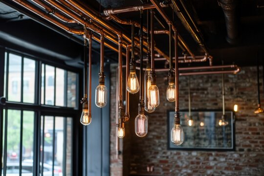 Industrial Copper Pipe Light Fixture Edison Bulbs
