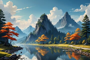 painting of a mountain scene with a river and trees