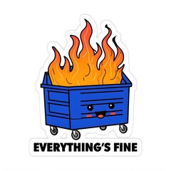Cheerful Cartoon Royal Blue Dumpster with Flames Sticker