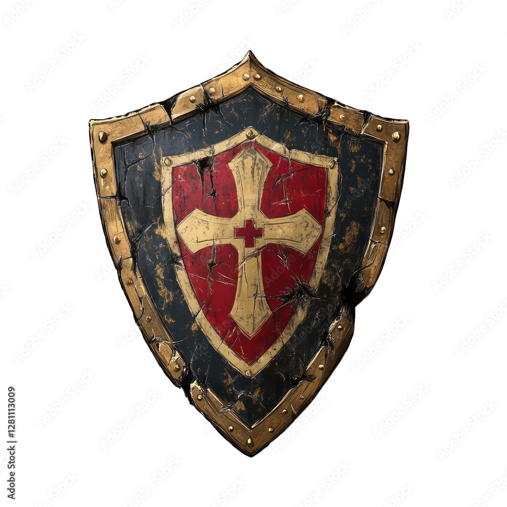 Poster torn and haunted crusaders shield with holy symbols isolated on transparent background