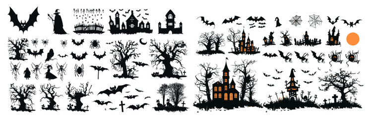 Vector illustration of Halloween silhouettes, haunted house, creepy tree, flying witch, pumpkins, ghost, owl, coffin lid, horror night, dark forest, scary bats, spooky graveyard, eerie atmosphere