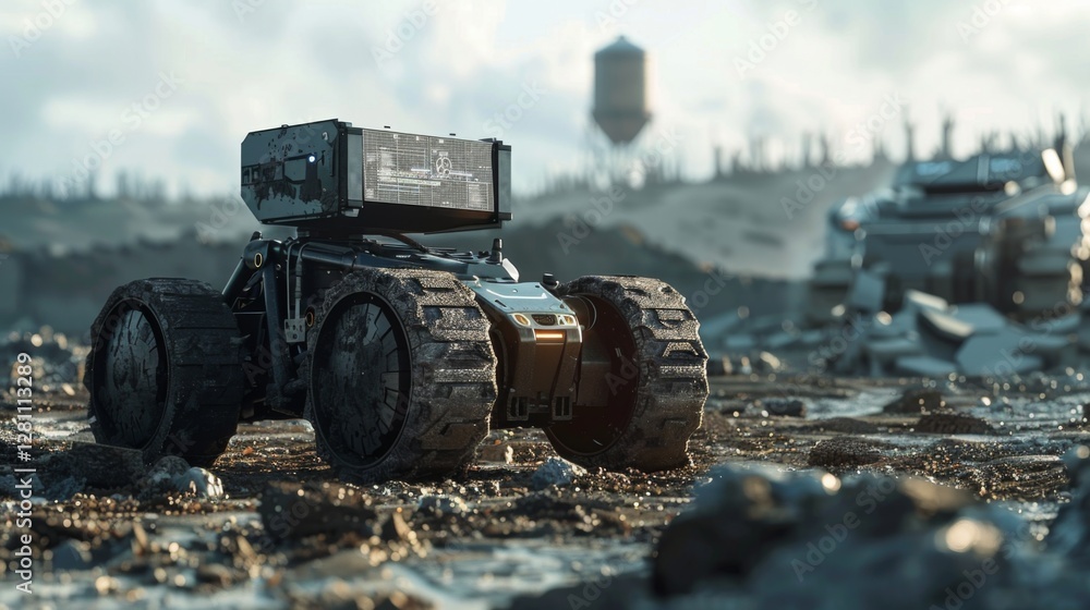 Poster a futuristic robotic exploration vehicle with rugged tires navigates a barren terrain marked by rock