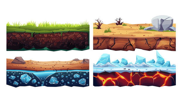 Cartoon vector set of seamless underground textures for game UI, cut ground layers with soil, green grass, sand, desert, rock, lava, magma, frozen ice, snow, platformer game design, assets