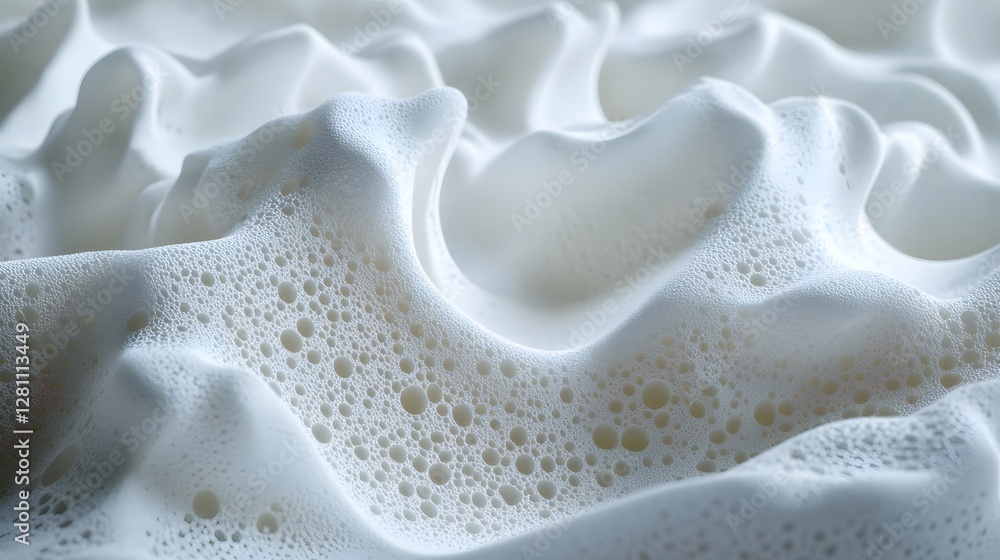 Poster Close-up view of white foam with tiny bubbles, creating an abstract and textured background. Soft and airy, perfect for design. Abstract Foam Texture: A Close-Up Study of White Bubbles