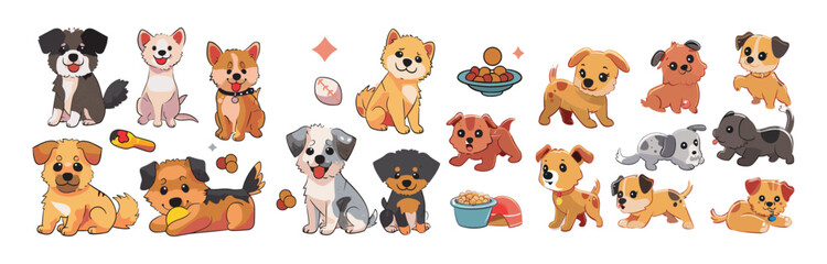 Cute dogs doodle vector set, adorable dog mini set, illustration for clothing, prints, web, tshirt design, kids room, puppy clipart, pet doodle, cartoon dog art, funny dog icons, pet lovers, artwork