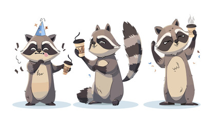 Vector cute raccoon cartoon, funny raccoon mascot, wild animal with confetti for birthday, sleepy raccoon with coffee, adorable emotion expression set, woodland creature, furry friend
