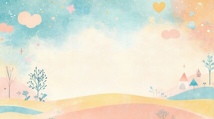 Pastel landscape with whimsical houses, trees, clouds, and stars; perfect for children's book illustration, greeting cards, or website backgrounds.