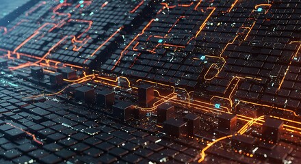 Abstract Tech Grid with Glowing Circuits and Connection Points