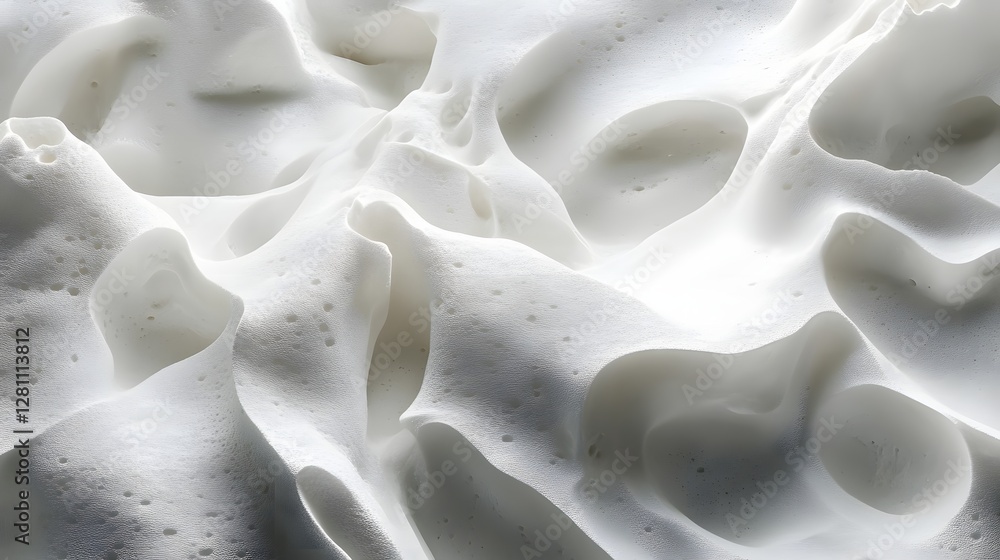 Poster Close-up shot of an abstract white texture, resembling foam or whipped cream, creating a visually captivating display of curves and shadows. Abstract White Texture: Whimsical Forms and Shadows