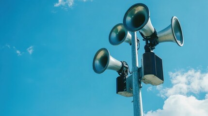Alarm siren and speakers on pole against blue sky