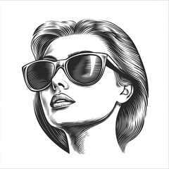 Woman in sunglasses engraving sketch black and white