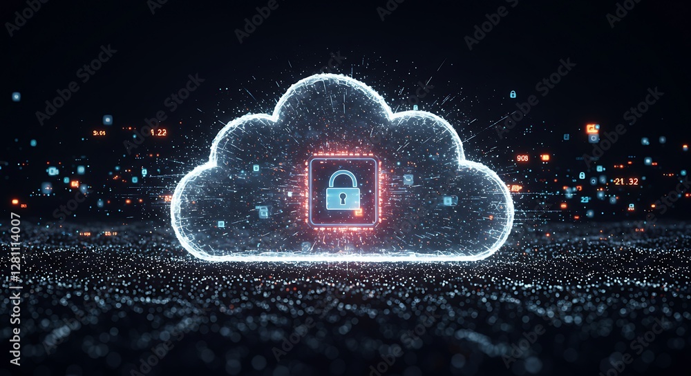 Poster secured cloud network with padlock protecting data cyber security concept