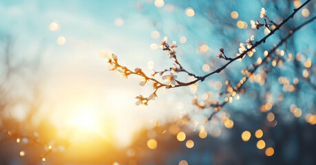 Delicate cherry blossoms emerge in spring, their petals glowing as sunlight filters through the branches.