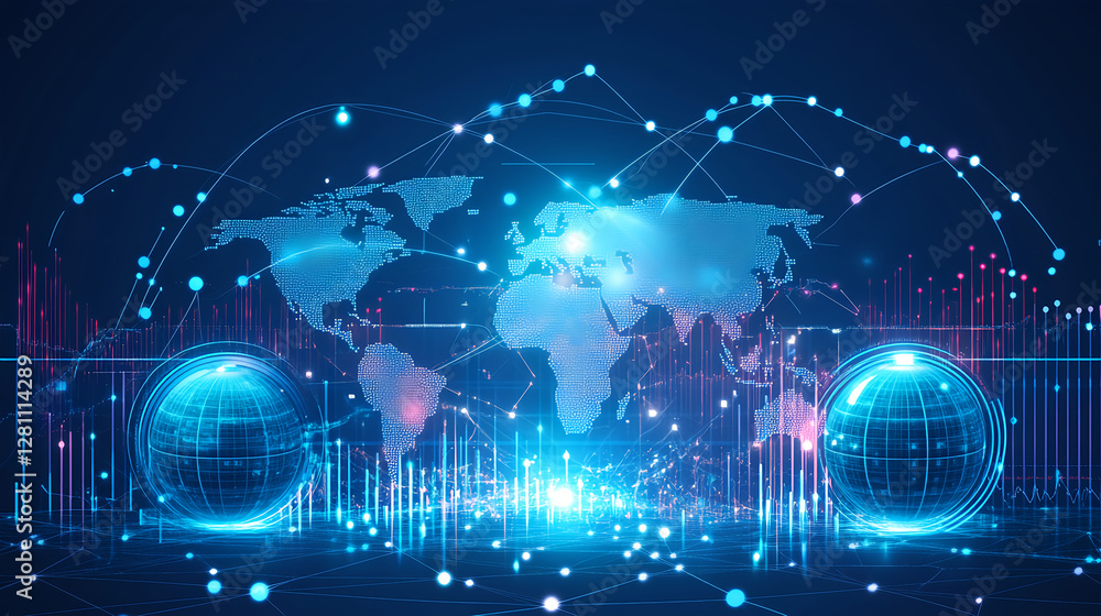 Poster global data visualization event digital map and connectivity insights in a futuristic environment