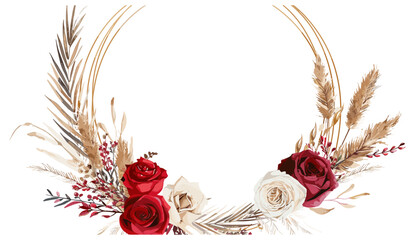 Vector boho wedding invite card template, dried pampas grass, palm leaf, red rose wreath, watercolor tropical leaves, beige lunaria, golden frame, botanical illustration, floral bouquet