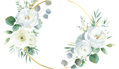 Elegant white flower vector, round golden frame, greenery wreath, wedding invite, save the date template, eustoma, veronica, eucalyptus leaves watercolor bouquet, floral arrangement