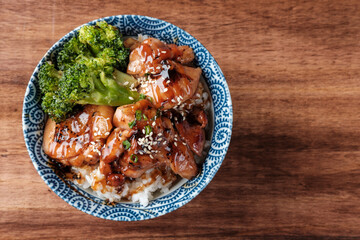 Teriyaki Chicken Served with Rice and Broccoli.