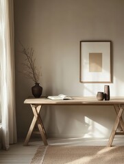 Rustic style desk with decorative pieces on the wooden table