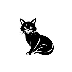 Black Cat Silhouette: Elegant feline depicted in a minimalistic, simple, black and white illustration, posing on a white background.