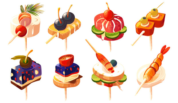 Cartoon vector of finger food on skewer, canape appetizer for buffet, little starter sandwich with cheese, olives, seafood, vegetables, collection of tapas for aperitif, snack, catering, event menu
