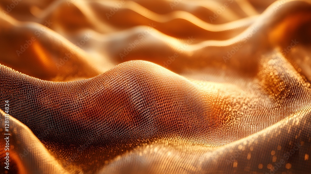 Poster Close-up of golden fabric texture with smooth waves. Luxurious and elegant abstract background. Golden Fabric Texture: Abstract Waves of Luxury