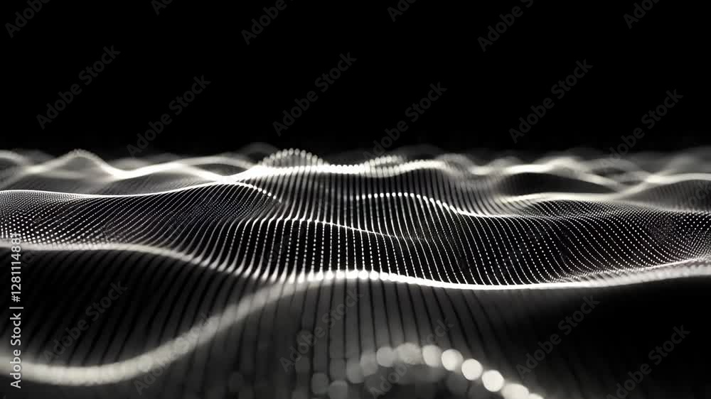 Poster abstract black and white waves with glowing dots create a dynamic pattern