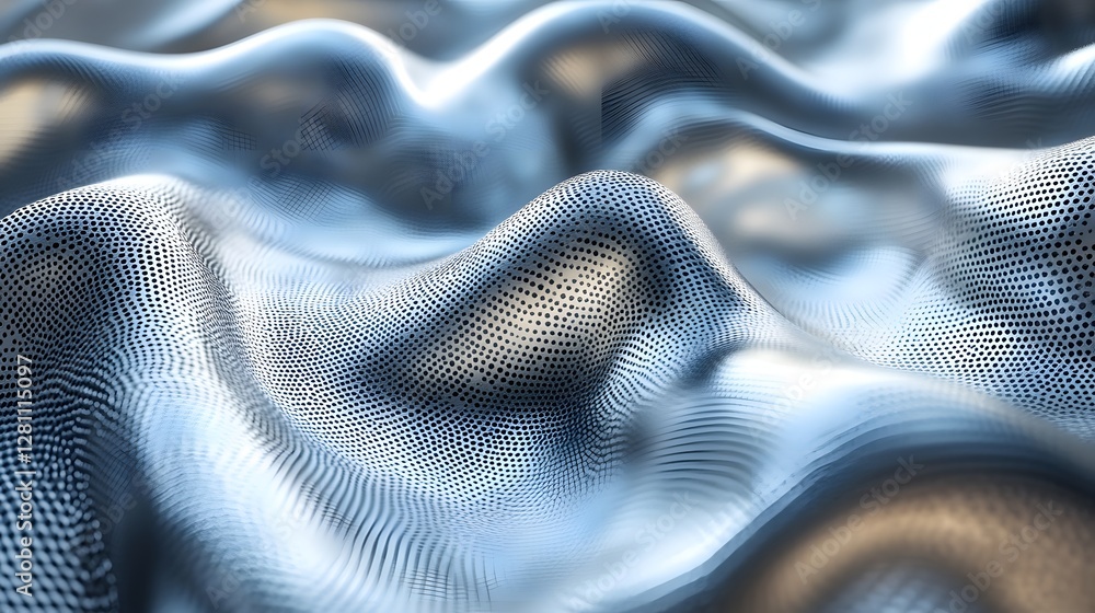 Aufkleber Mesmerizing digital wave. Silver and blue hues create a sense of depth and flow. Abstract Digital Wave silver and blue digital landscape of undulating forms, creating a sense of depth and movement.