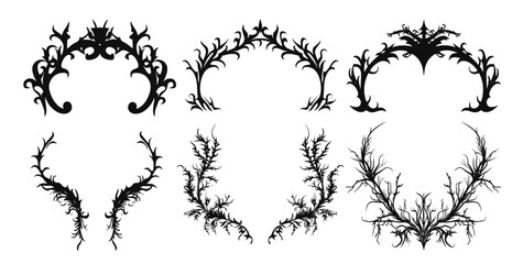 Neo tribal fantasy branches border, Gothic frame vector set, retro futuristic ornament, dark baroque vintage design element, symmetric y2k swirl, black arch, decoration, Gothic frame print collection
