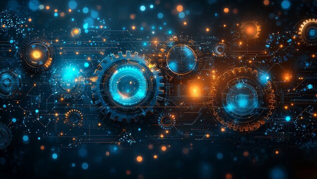 Concepts and ideas for hi-tech digital technology and engineering design, featuring ogs and gear wheel mechanisms