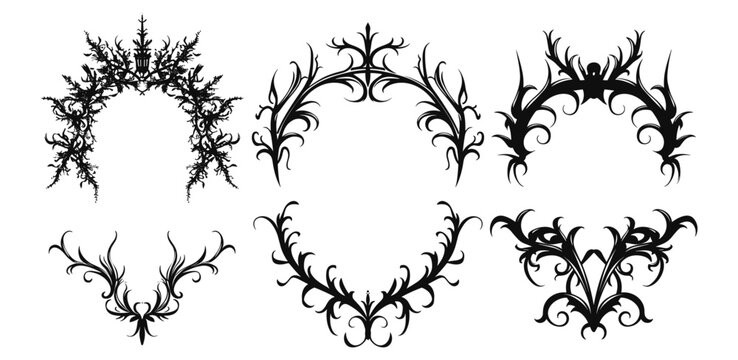 Gothic frame vector set, dark baroque vintage design element, retro futuristic ornament, neo tribal fantasy branches border, symmetric y2k swirl, black arch, decoration, Gothic frame print collection