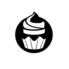 Black-and-white cupcake logo surrounded by a black circle and a white background.
