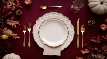 Autumn table setting with white plate, gold cutlery, beige napkin, and decorations of pumpkins, acorns, and fall branches on a deep red background. Thanksgiving dinner concept.