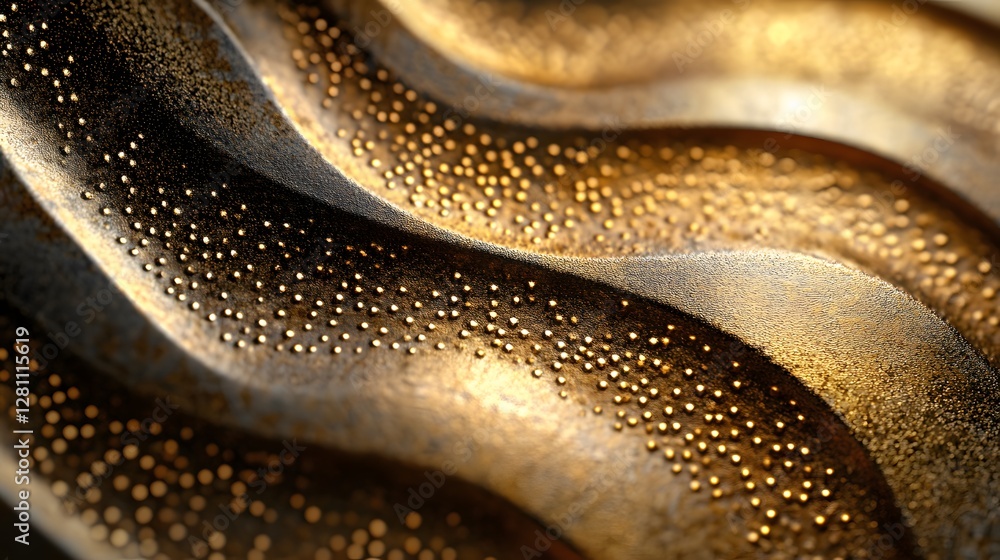 Poster Close-up view of an abstract golden texture with dots, creating a wavy pattern. Luxurious metallic surface. Golden Abstract Wavy Texture with Dots