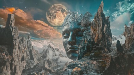 Obraz premium Surreal stone face in a mountain landscape under a full moon.