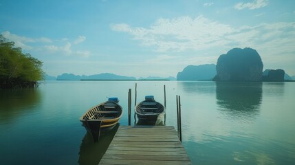 Fototapeta premium Beautiful nature scenic landscape Phang-Nga bay with wooden boat moored on pier waiting traveler, Water travel adventure Phuket Thailand, Tourism destination scenery Asia, Summer holiday vacation trip
