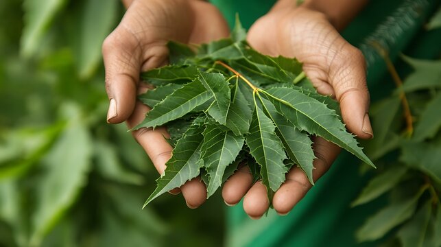 Hand holding fresh neem leaves, highlighting their traditional medicinal use in Ayurvedic treatments
