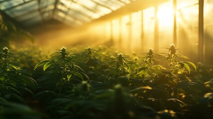 Greenhouse with cannabis plants growing in controlled conditions, illuminated by natural sunlight